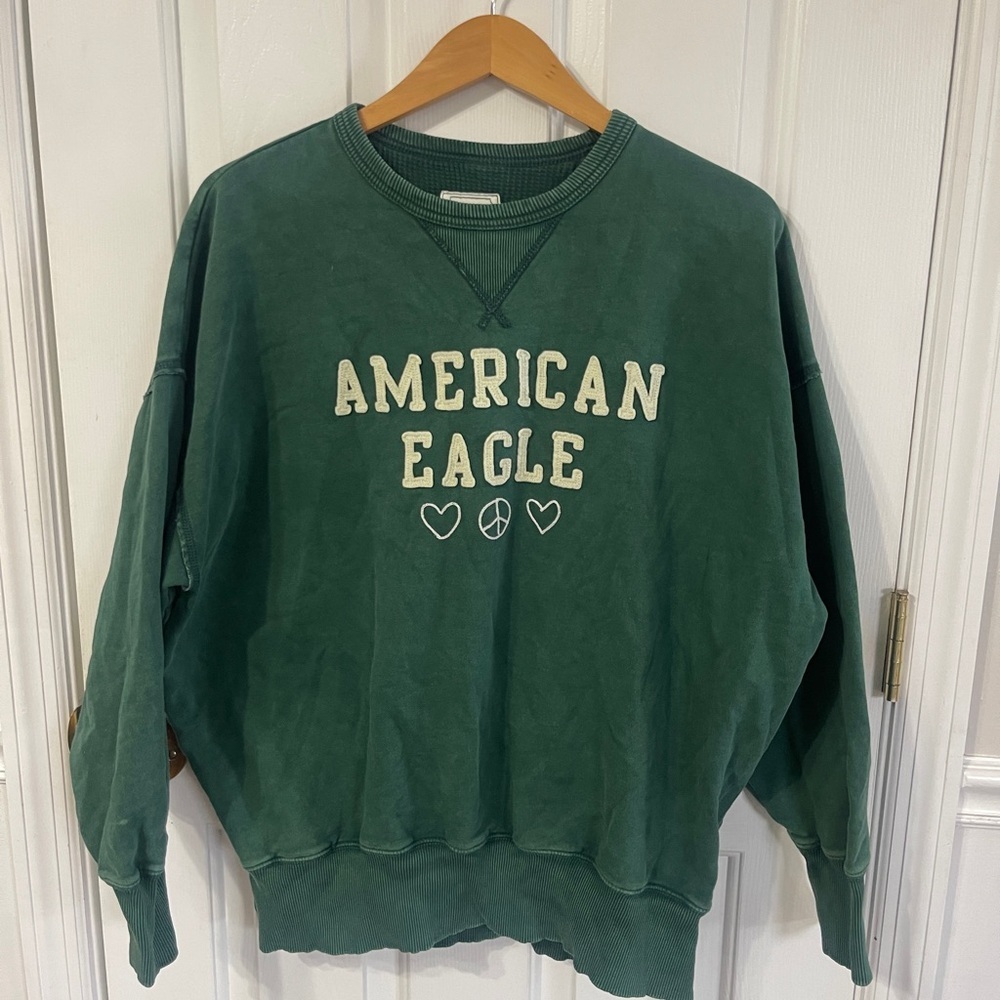 American Eagle Medium Crew Neck Pullover Peace Sweatshirt Green - Picture 2 of 8